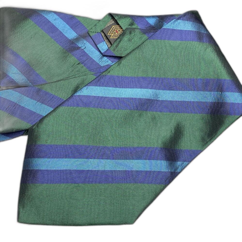 Audrey Buchner Silk Tie Striped Wide Hand Tailored Vintage Power Green Blue Mens